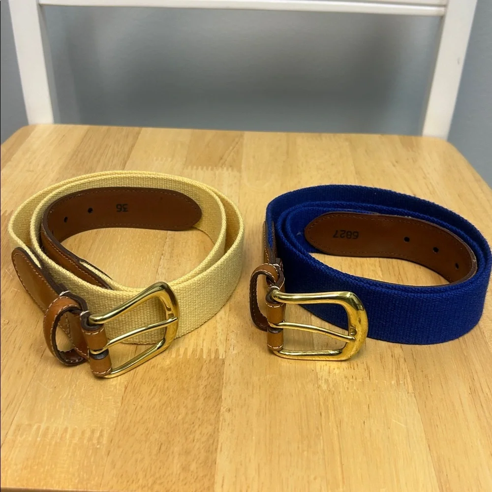 Bundle of 2 Torino Canvas/Leather Belts (Blue & Yellow) with Gold Brass Buckles